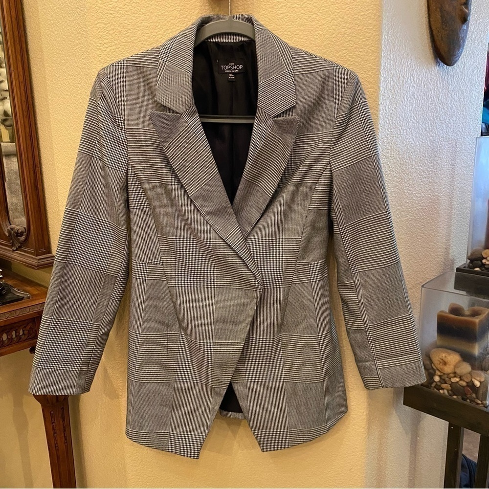 NWOT~TOPSHOP Women Black & White Check Double-Breasted Blazer Size 2 Petite